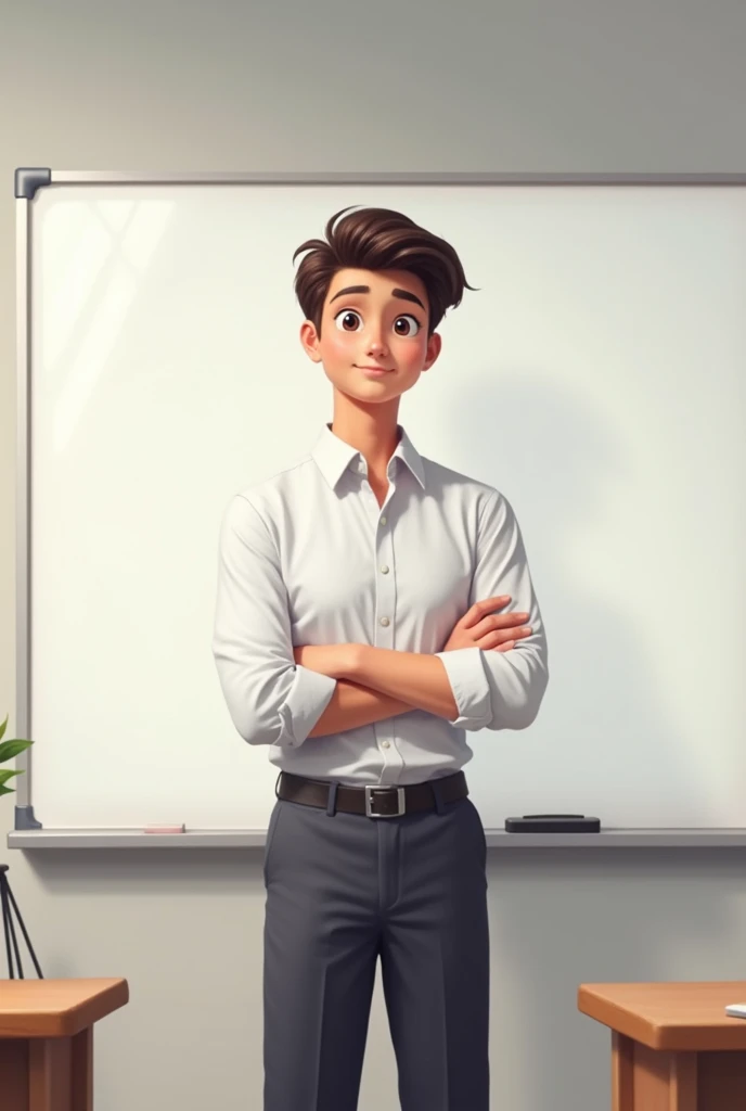 A young teacher standing in front of a white board alone.