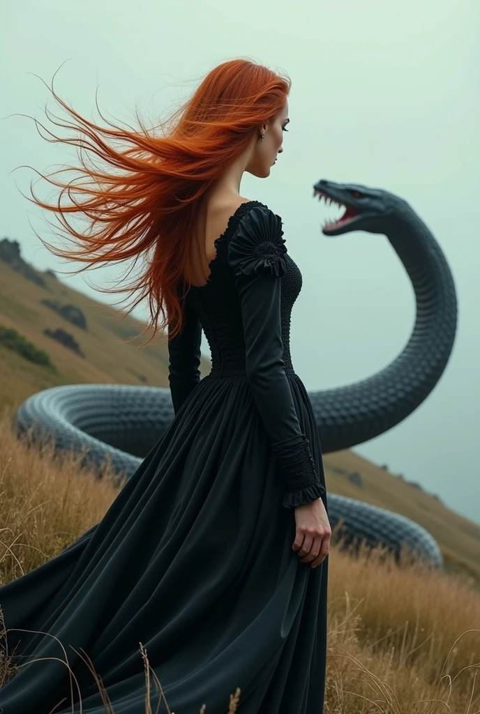 A red-haired woman from the back wearing an all-black medieval dress, with a giant black snake looking at her. With her hair flying because of the wind from that hill