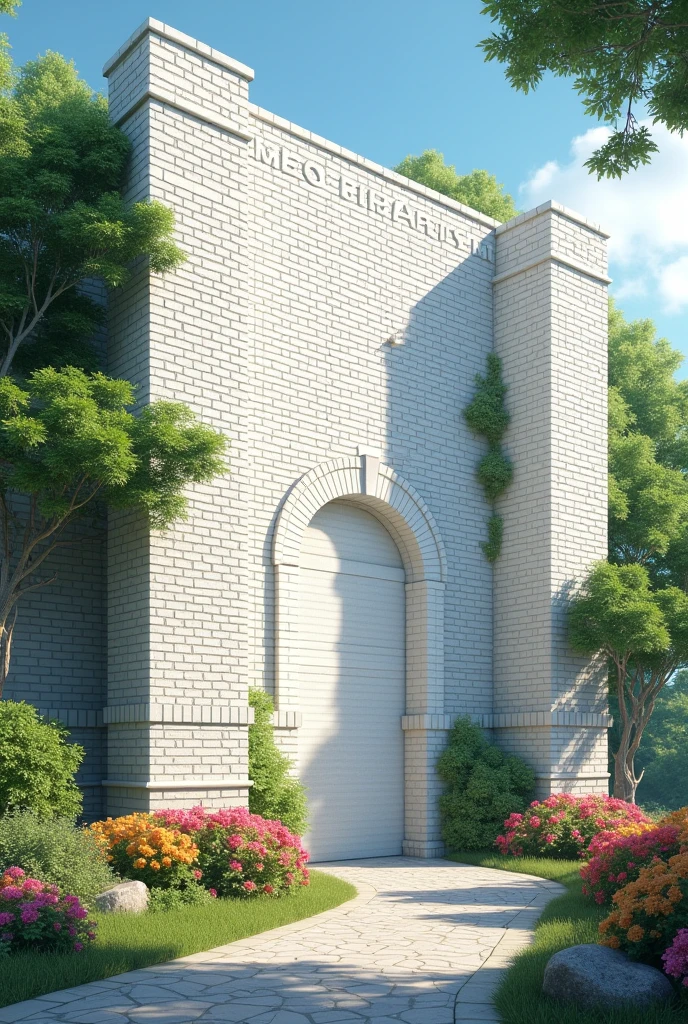 big wall, full of large white bricks, with several green branches on the sides and colorful flowers 

 

