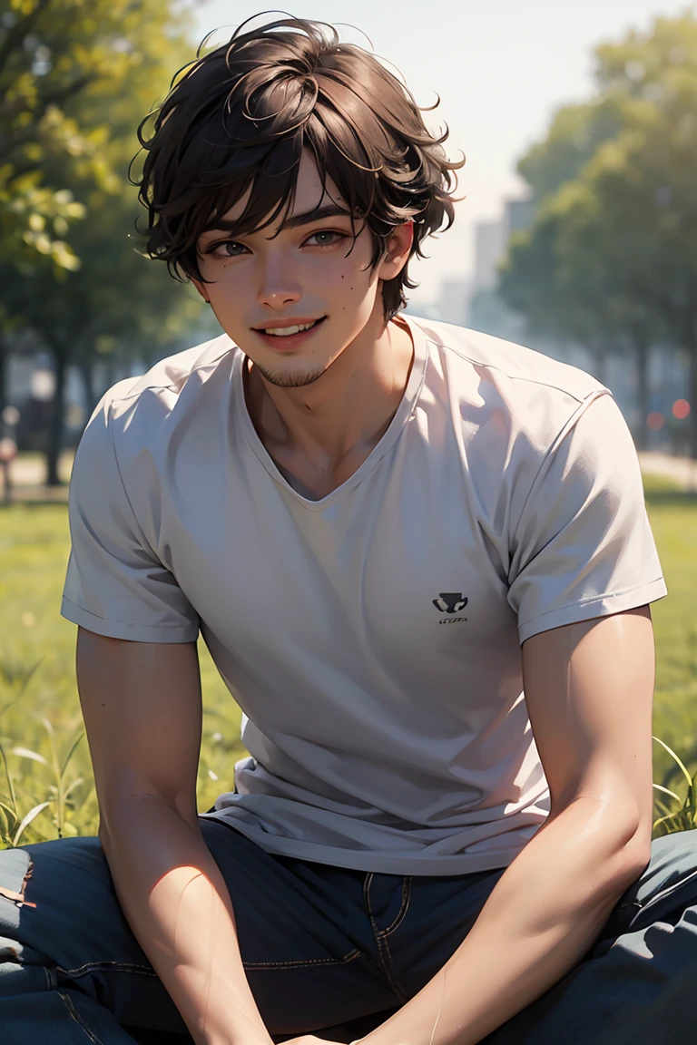 best quality, masterpiece, highly detailed, ultra highres, photorealistic, 1boy, detailed manly face, messy hair style, sitting on grass, Shirt, smiling, bokeh