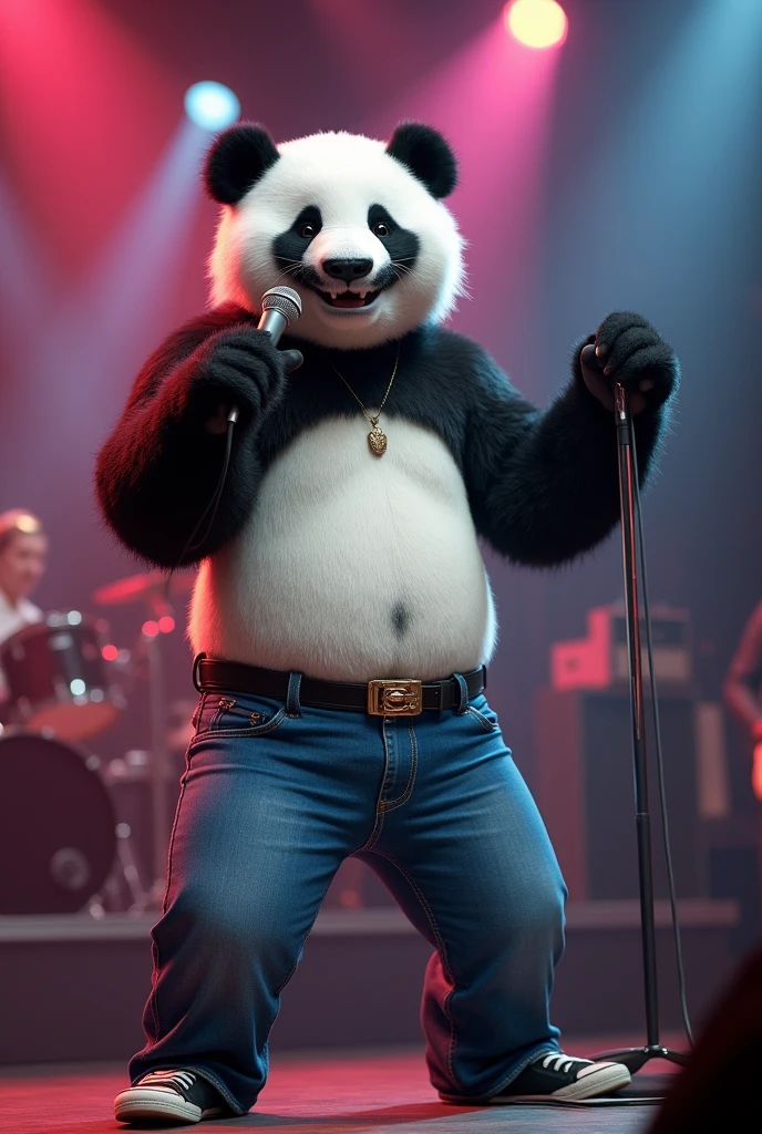 Help me with a semi-realistic image of singer Freddy Mercury but as a panda. His face as if he were singing. Characteristic clothing from one of his concerts, He was wearing a simple white Vividi and blue jeans, The clothes are 1980s style. His belt was black and thin. And always with a microphone in hand. His most characteristic feature was his mustache., must have a mustache.
