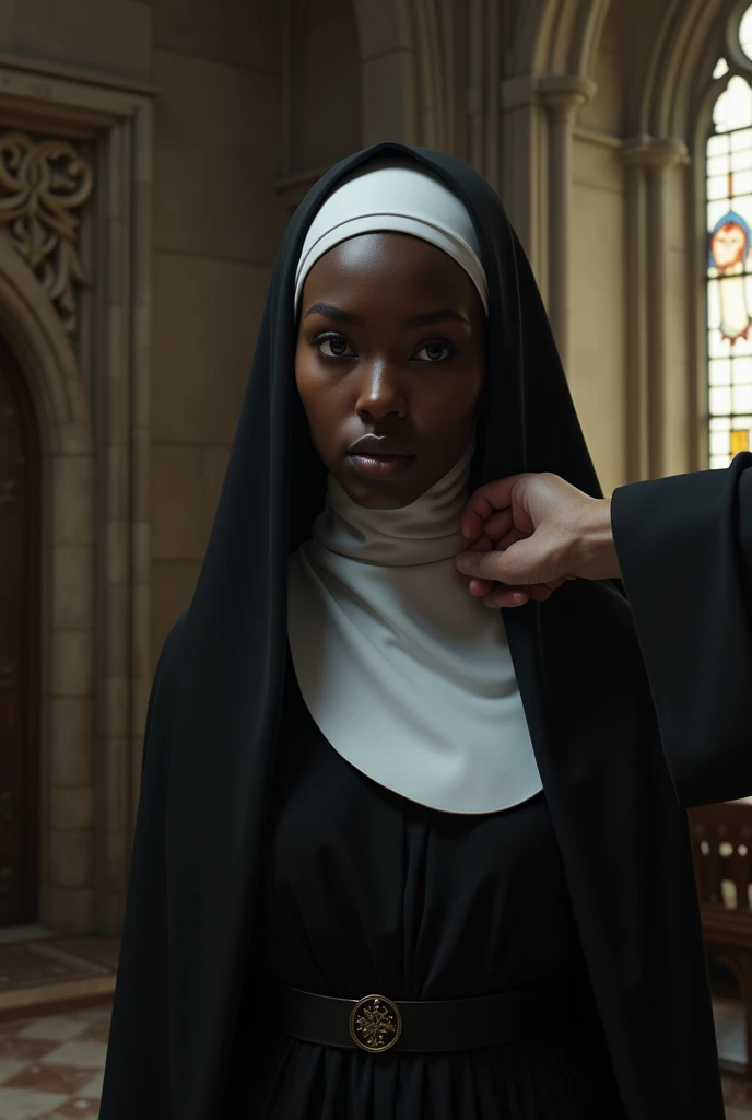 In 8K、Highest quality、Masterpiece、Ultra-high resolution、Photorealistic, ebony, nun, spanked