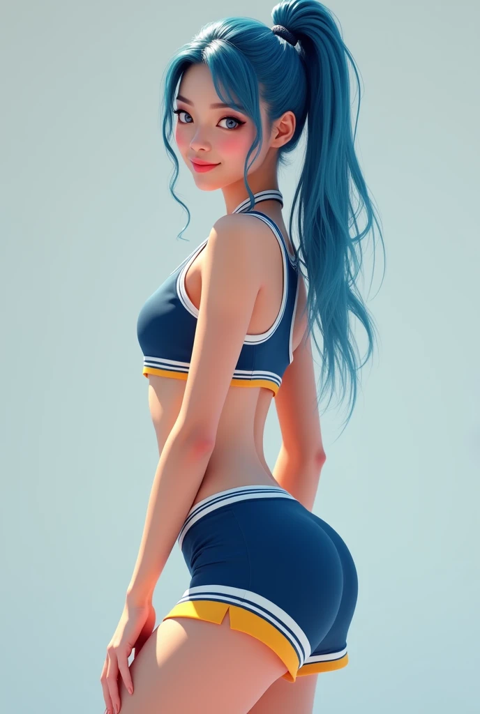 A Real sexy Young asian student cheerleader, with blue hair, high quality, photorealistic