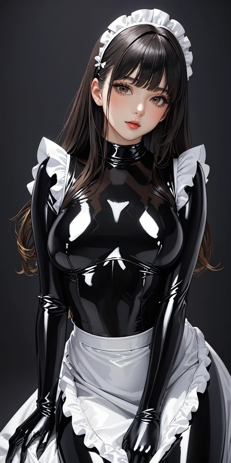 Portraiture、(masterpiece,Highest quality,Ultra-high resolution),Japanese women, (((A very beautiful 25 year old))),(Black Latex Maid Clothing)、(White latex long skirt)、(A long-sleeved black latex shirt covering the upper body)、Black latex long gloves、Black latex socks、Latex bodysuit、The clothes fit snugly to the body、Latex is very shiny、Dark Room、