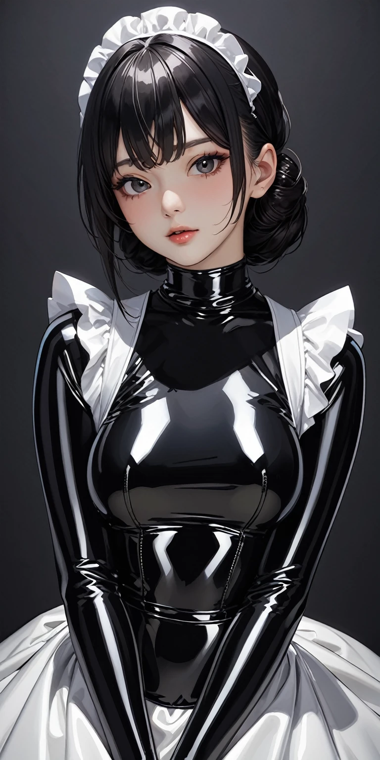 Portraiture、(masterpiece,Highest quality,Ultra-high resolution),Japanese women, (((A very beautiful 25 year old))),(Black Latex Maid Clothing)、(White latex long skirt)、(A long-sleeved black latex shirt covering the upper body)、Black latex long gloves、Black latex socks、Latex bodysuit、The clothes fit snugly to the body、Latex is very shiny、Dark Room、