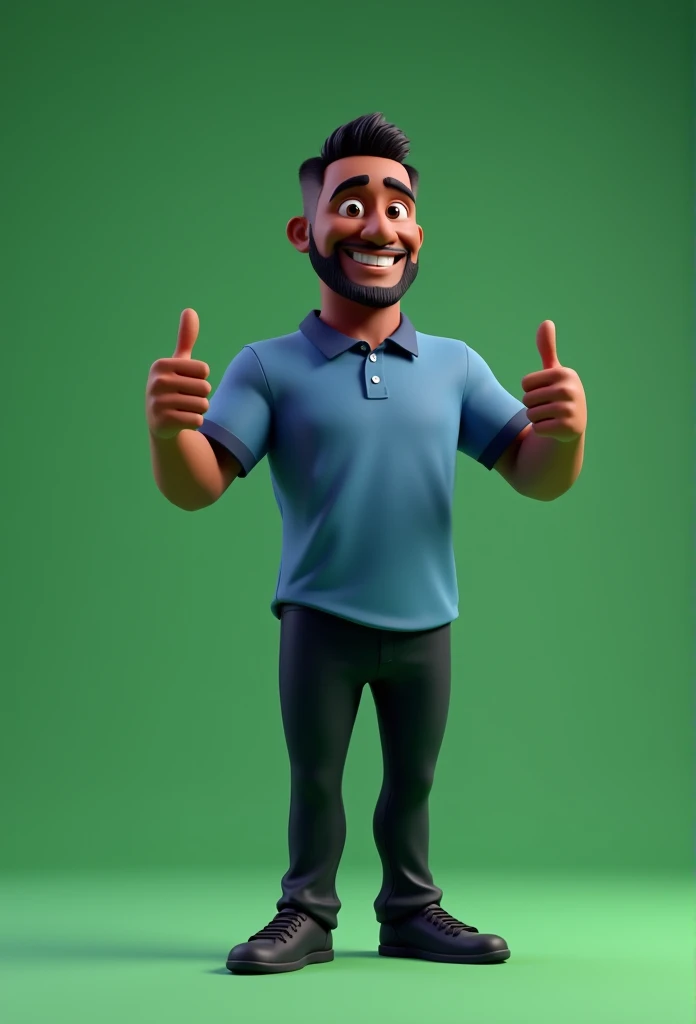 Cartoon character of a 50 year old man full body dark skin black hair cut short, blue shirt, black pants black shoes, an animated character, stylized character, animation style rendering, 3d stylized, Arnold Maya rendering, Stylized 3D rendering, toon render screenshot, 3d character, 3d character, Stylized 3D rendering, 3D character rendering, cartoon character, character posing, (Pixar-style) (master part:1.2) (bokeh) (best qualityer) (skin detailed) (detailed texture) (8k) (Argilla) (cinematic lighting) (sharp focus,standing full body making thumbs up sign with both hands green chroma kay background