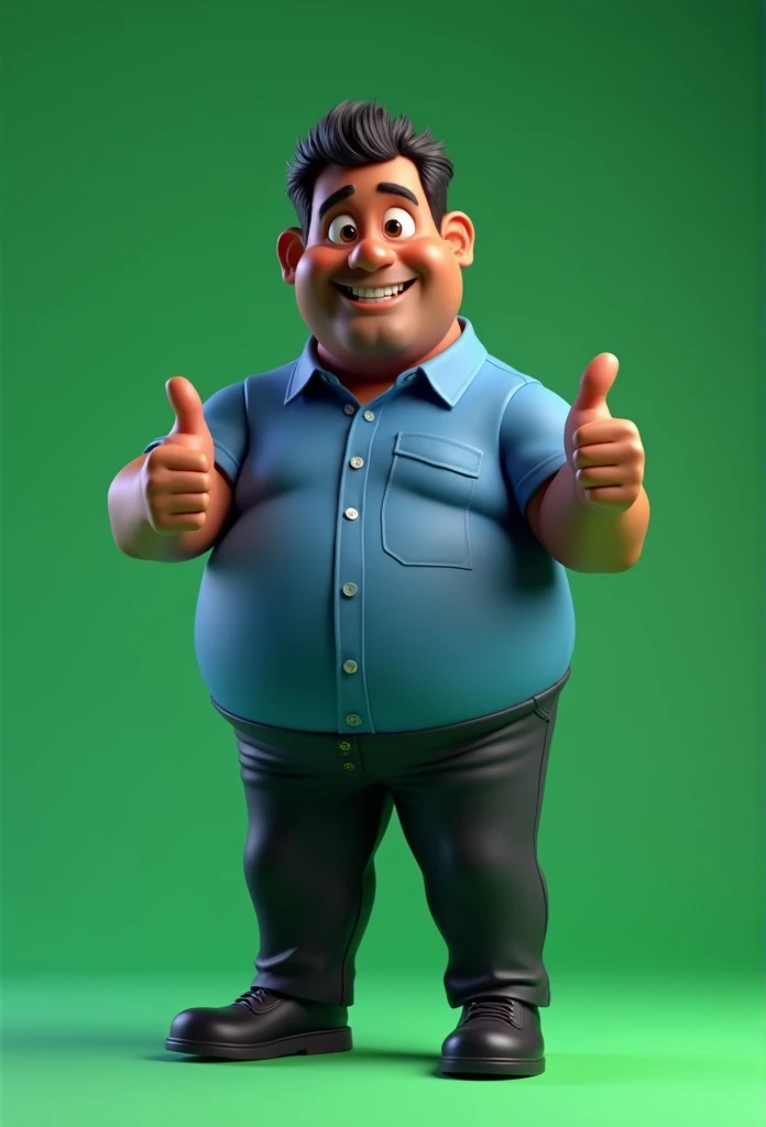 Cartoon character of a 50 year old man full body dark skin black hair cut short, blue shirt, black pants black shoes, an animated character, stylized character, animation style rendering, 3d stylized, Arnold Maya rendering, Stylized 3D rendering, toon render screenshot, 3d character, 3d character, Stylized 3D rendering, 3D character rendering, cartoon character, character posing, (Pixar-style) (master part:1.2) (bokeh) (best qualityer) (skin detailed) (detailed texture) (8k) (Argilla) (cinematic lighting) (sharp focus,standing full body making thumbs up sign with both hands green chroma kay background