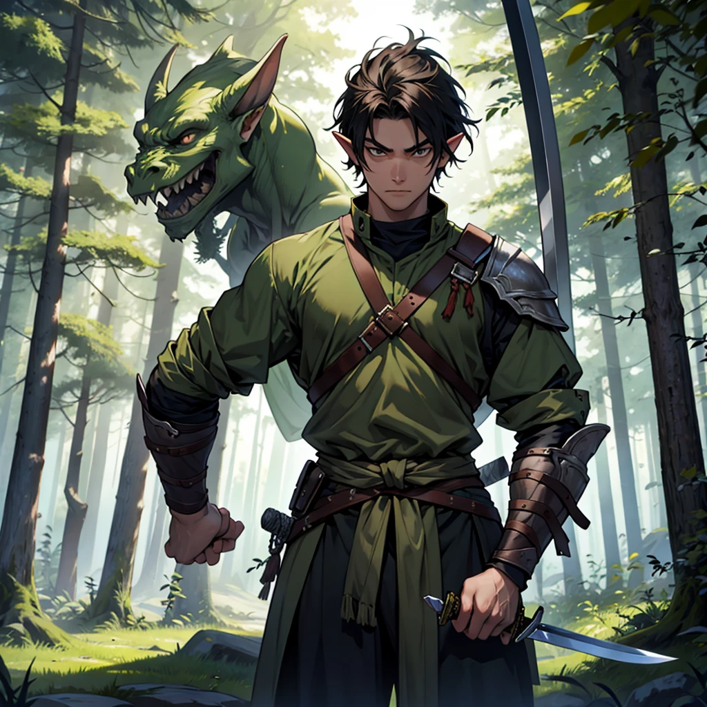 idle pose of a young warrior using his sword against a forest goblin