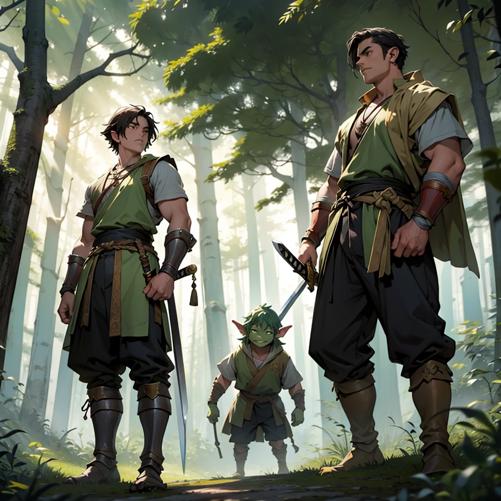 idle pose of a young warrior using his sword against a forest goblin