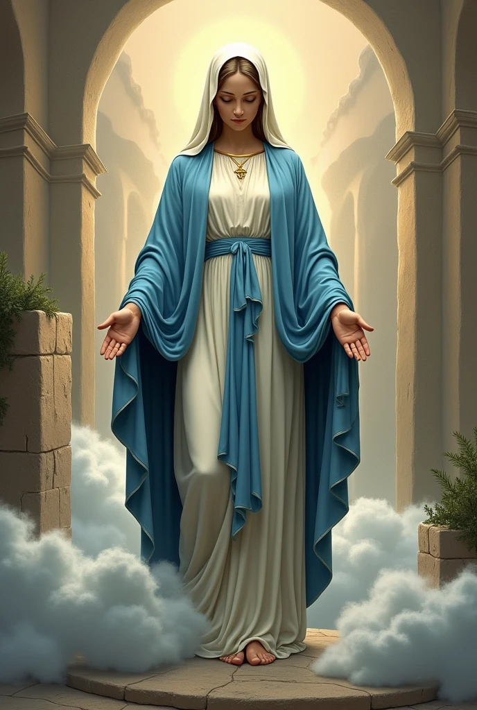 Drawing of the Virgin of the Assumption of the province of Asunción de Arequipa, blue gown with white veil