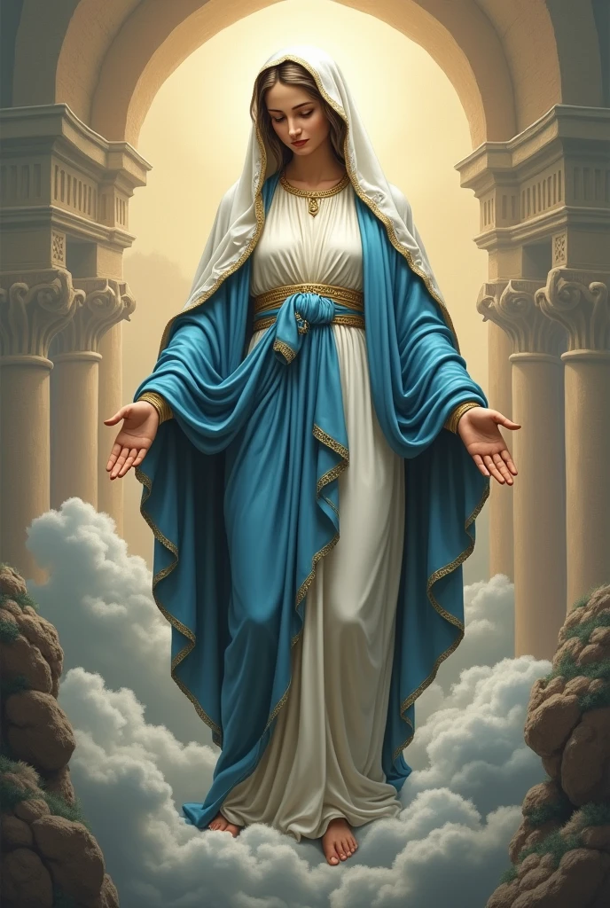 Drawing of the Virgin of the Assumption of the province of Asunción de Arequipa, blue gown with white veil