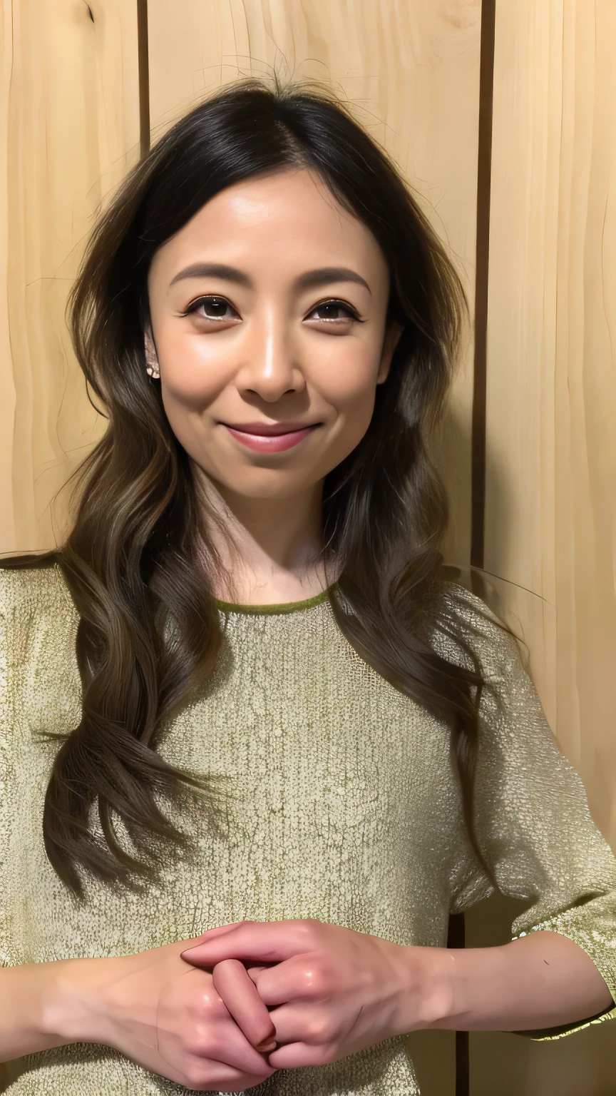 ((Highest quality)), ((8k)), ((masterpiece: 1.3)), (Perfect appearance), (Photorealism: 1.6), smile、beautiful、オフショルダーのT-シャツ、Shining Eyes、stare、((Realistic skin texture 1.2))、(Fine lines appear all over the skin: 1.2)、(Unmoisturized skin: 1.1)、(Facial wrinkles: 0.9)、(Wrinkles around the eyes: 1.2)、double eyelid、Lower eyelid tear sulcus、The eyes are watching me、Serious look、(Dimples: 1.2)、ミディアムヘア、ストレートヘア、round face、