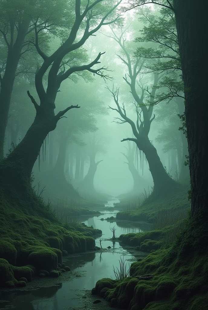 make a forest with a light fog, swamps on the sides and a little macabre