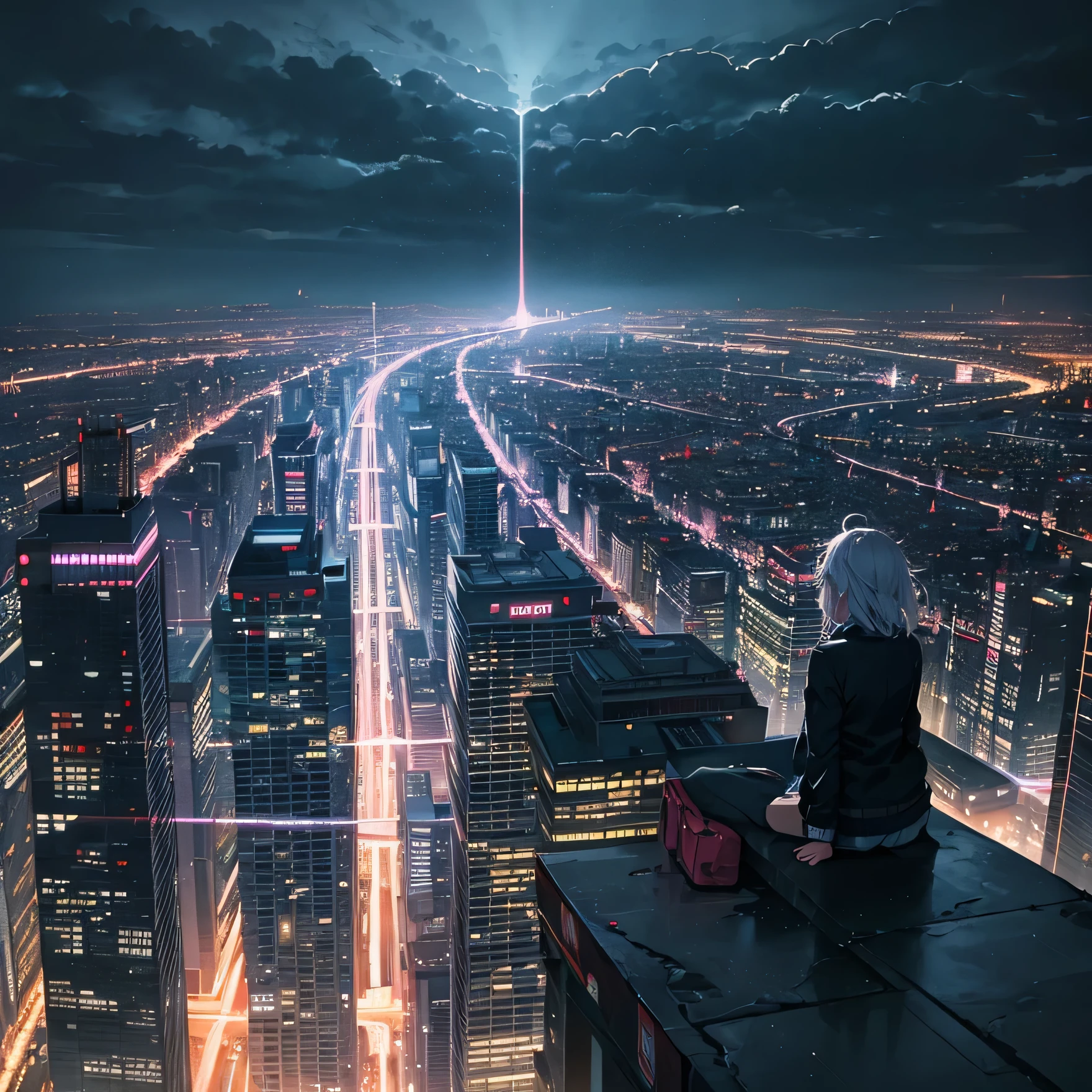 Best quality, masterpiece, anime depressive urban landscape, downpour, no people, neon, many buildings, view from a height