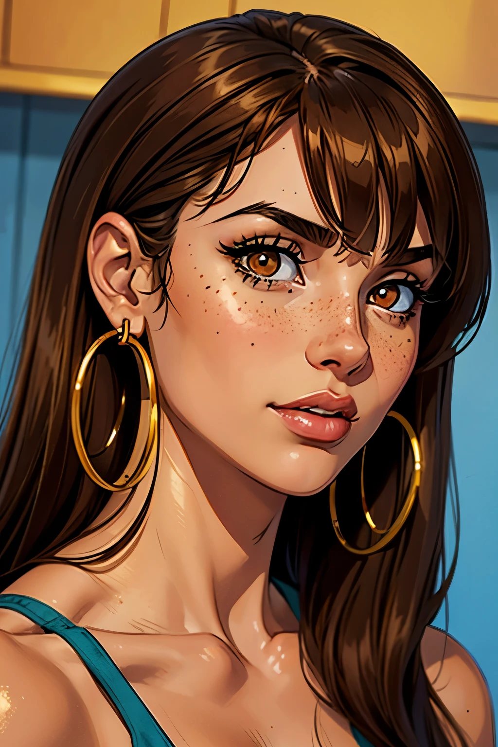 One italian girl, tanned, dark brown hair, straight hair, staright bangs, pecas, red brown eyes, eyelashes, retrato, golden hoop earrings, small breasts