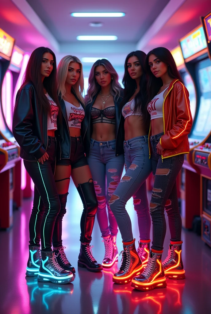 [Subject: Cyberpunk Kardashian Sisters in Futuristic Retro-Gaming Outfits] A high-resolution, cinematic Instagram image featuring all the Kardashian sisters in a vibrant, cyberpunk-inspired scene. Each sister is dressed in edgy, futuristic outfits, blending retro-gaming aesthetics with cyberpunk style.

**Kim Kardashian** wears a black leather jacket with neon red stripes over a holographic graphic tee, paired with distressed jeans and glowing, holographic combat boots.

**Kourtney Kardashian** rocks a jacket with neon blue accents, a vintage gaming tee, ripped black jeans, and metallic boots with LED-lit soles.

**Khloé Kardashian** sports a neon green striped jacket, retro arcade crop top, distressed jeans, and boots with neon pink flames.

**Kendall Jenner** is in a jacket with neon purple accents, a cropped graphic tee, and high-waisted, ripped jeans with digital patterns, finished with flashing techy boots.

**Kylie Jenner** completes the look with a neon orange striped jacket, holographic crop top, and glowing combat boots.

The scene is set in a neon-lit arcade, surrounded by retro gaming machines, with vibrant lights reflecting off the polished floor. The energy is high, with the sisters’ coordinated, futuristic outfits standing out in the buzzing atmosphere.

[Lighting: Neon glow with dynamic reflections] [Camera: Wide-angle shot capturing all the Kardashian sisters] [Resolution: 8k, hyper-realistic] [Style: Cyberpunk glamour, retro-gaming aesthetics, Instagram-ready] [Inspiration: Cyberpunk 2077, Retro Arcade Fashion, Kardashian Style].

