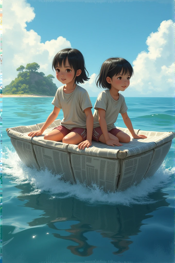 Two girls on a raft made from three newspapers. The girls are trying to reach an island. 