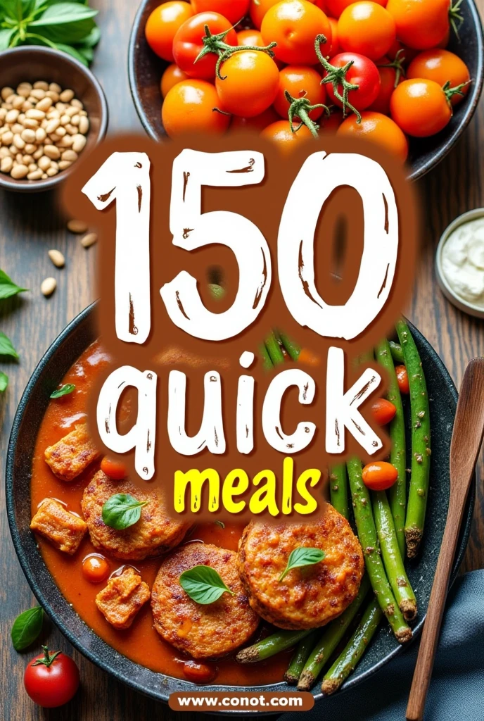 Make a striking and brandable image for a book cover in Spanish that says the following::
"150 easy quick meals to make". that is written in Spanish