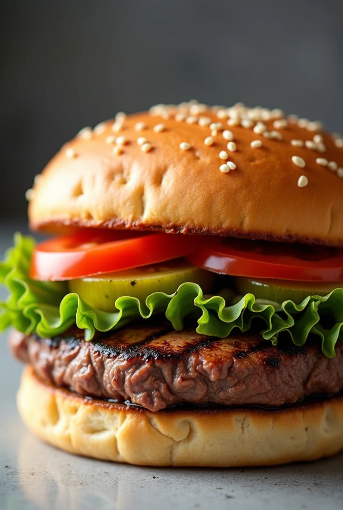 Sandwich with lettuce, tomato, fillet steak without pickles and hamburger bun