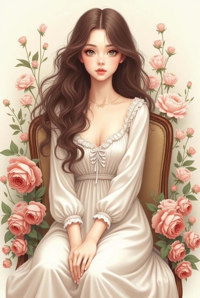 one person&#39;s、Classic、long brown curly hair、Beautiful Eyes、high quality、White skin、Sit on a chair、Mr..々Surrounded by flowers、Low saturation、Portraiture、Thin line drawing、The finer details、Soft Light