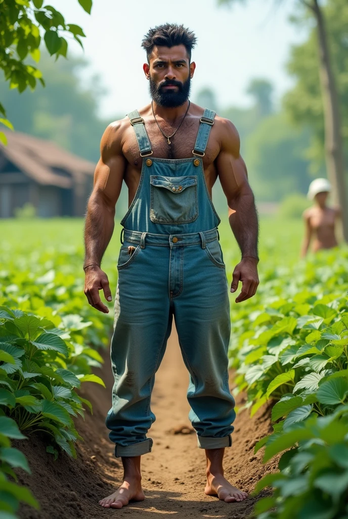 A barefoot black short haired man standing wearing a light blue overall
