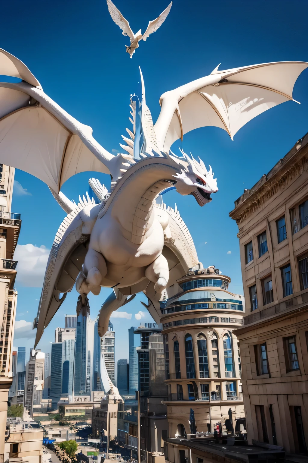 A majestic blue-eyed white dragon, Inspired by the famous “Blue-Eyes White Dragon” from Yu-Gi-Oh!, Soar through the skies of a futuristic city in ancient Egypt. The city is built with advanced materials and has skyscrapers that rise into the sky.. The dragon flies over the highest pyramid, whose ancient stones contrast with the modern technology that surrounds it. Its outstretched wings create shadows on the streets as people watch in awe from below..