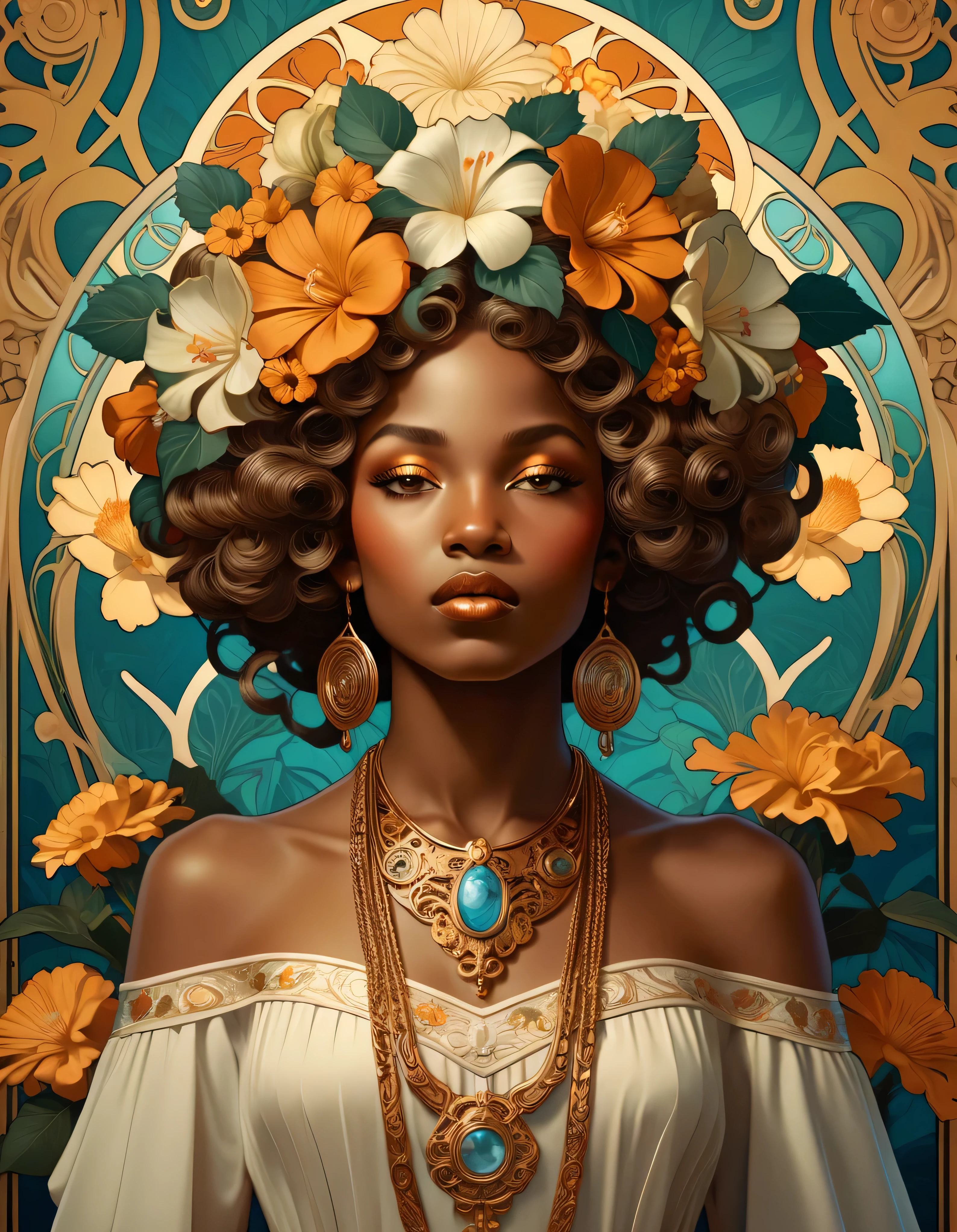 old (Masterpiece, Best Quality, Highres:1.2) Art Nouveau Style Beautiful African Woman with large Hair Shaped as Flowers and large necklaces in the Style of Alphonse Mucha, portrait of a beautiful cute, very beautiful, standing artistically, realistic natural, professional light distribution, very artistic lighting gradation, artistic detail, highly detailed, centered, Nymph-pattern vintage wallpaper with dramatic backlighting casting deep shadows, featuring a meticulously crafted illustration inspired by Dan Mumford and Alphonse Mucha, hyper-realistic and photorealistic textures, extremely detailed with intricate floral and foliage elements, octane rendered in 8K (extremely detailed 8k wallpaper), Golden ratio, hidden ancient African symbols (, Spiral), balanced design, color harmony, Vernis Martin, golden, ancient mythology, artistically twisted edges, reminiscent of old-world craftsmanship with a contemporary edge, volumetric lighting, ultra fine details.