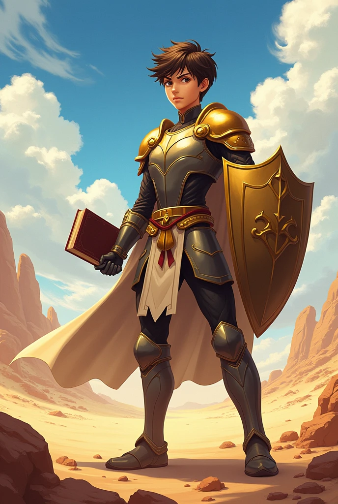 a young teenager, good looking, anime style, Wearing armor with a golden belt, resplendent, He carries a shield in his left hand to protect himself from an enemy attack and a Bible raised in his right hand., with a wide background of a beautiful day in the desert