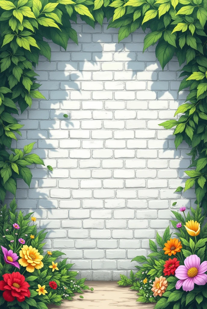 large white brick wall, with several green branches on the sides and colorful flowers 

 

