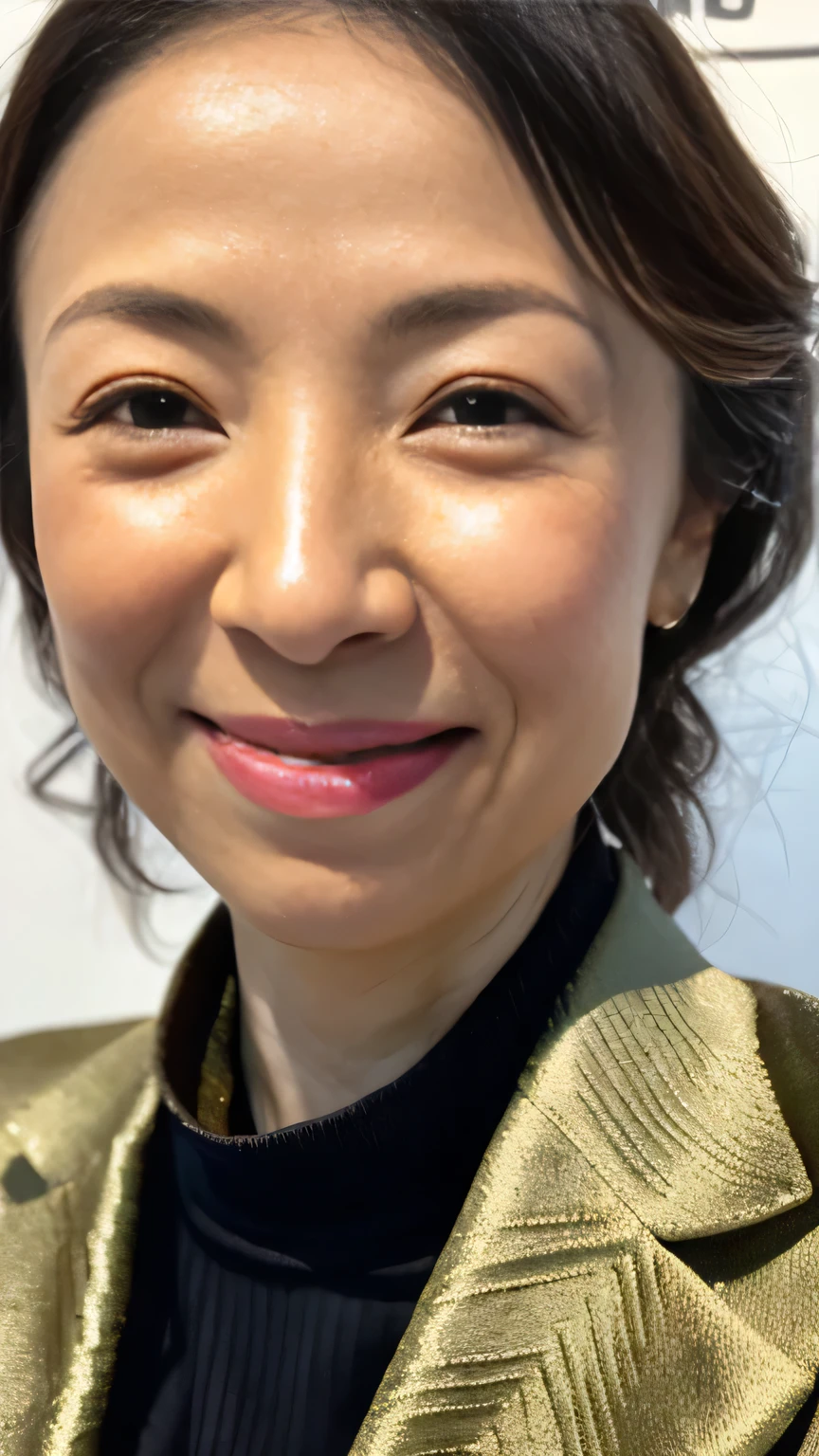 ((Highest quality)), ((8k)), ((masterpiece: 1.3)), (Perfect appearance), (Photorealism: 1.6), smile、beautiful、Formal ladies suits、Shining Eyes、stare、((Realistic skin texture 1.2))、(Fine lines appear all over the skin: 1.2)、(Unmoisturized skin: 1.1)、(Facial wrinkles: 0.9)、(Wrinkles around the eyes: 1.2)、double eyelid、Lower eyelid tear sulcus、The eyes are watching me、Serious look、(Dimples: 1.2)、Long bob cut hair、round face、