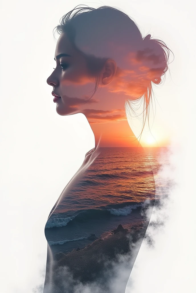 high quality, 8K Ultra HD, A beautiful double exposure that combines an goddess silhouette with sunset coast, sunset coast should serve as the underlying backdrop, with its details incorporated into the goddess , crisp lines, The background is monochrome, sharp focus, double exposure, by yukisakura, awesome full color,