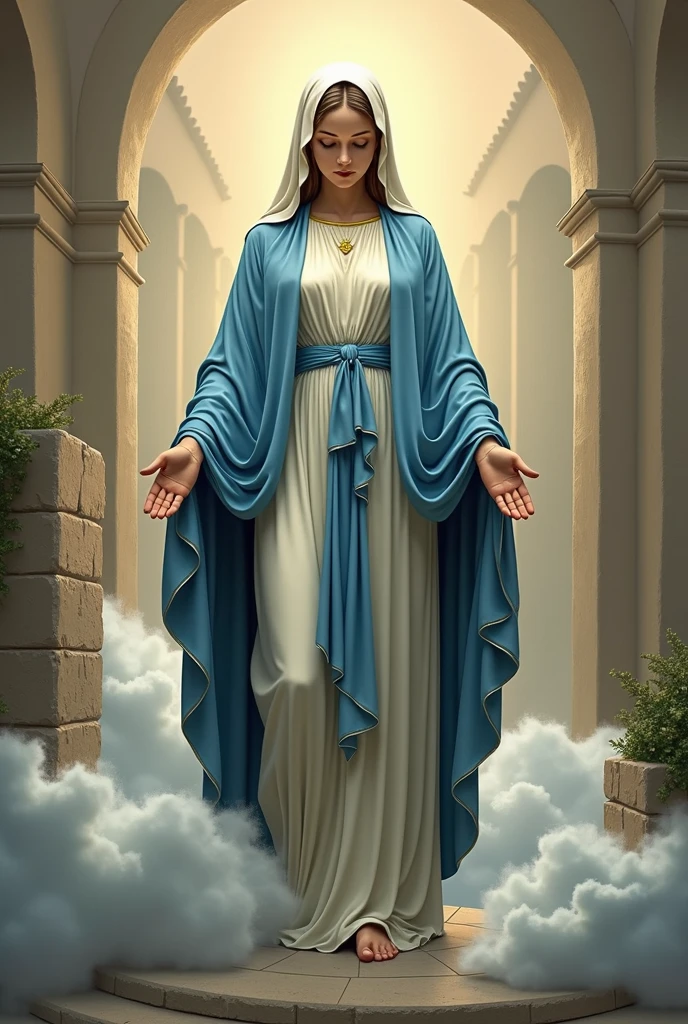 Drawing of the Virgin of the Assumption of the province of Asunción de Arequipa, blue gown with white veil