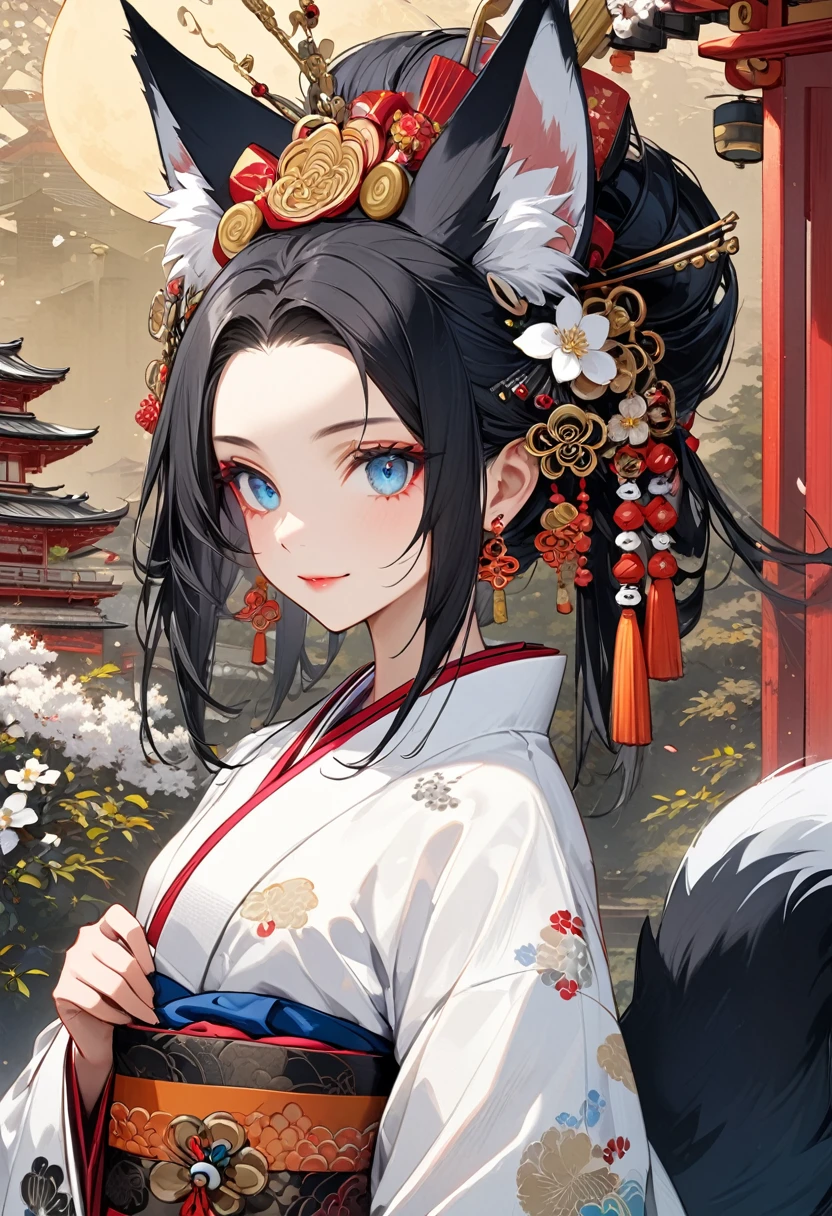 Ink painting, (((1 girl))), (((Tattoo in the middle of the forehead))),(((In the background is the Akatsuki moon))), (((Oiran))), (((Great hair accessories))), Demon possession, ((Masterpiece:1.2)), ((Highest quality)), Extremely detailed and delicate illustration style, Detailed leather texture, Detailed canvas texture, Very detailed description, (Masterpiece T), Extremely beautiful illustration, Highly detailed face, Raw image, professional, Ultra-high resolution panel, Complex details, Superior detail, Intricate decoration details, Perfect anatomy, real, (Very beautiful and cute black and white colored fox woman or girl with blue eyes wearing kimono), ((Fox ears black hair, White hair, multicolor, the beautiful)), (Beautiful black and white colored fox tail), (Beautiful shiny black and white colored hair), (Beautiful and clear blue eyes), (Beautiful detailed eyes:1.6), (Traditional black and white detailed costume), Front view, White flower kimono, Black white colorful hakama long skirt, A maxi skirt, Modestly dressed, He smiles, ((Standing and looking at me)), ((The day)), (Extremely detailed and beautiful Japanese temple construction), (8K Highest quality wallpaper), (Extremely detailed and delicate background)