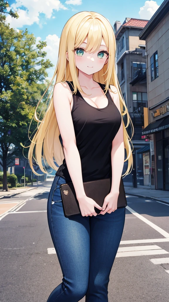 1girl, yellow hair, green eyes, smiling, black tank top, blue jeans, medium breast, looking at vewers, flipped hair, masterpiece, 8k, 16, 32k, shiny skin, UHD, frekles on her skin, bootcut, cleavage, HDR, 4K, 8K, High quality, Ultra high quality, big forehead, standing, daytime, park, outdoors, long hair, white shose, Anime Style, upper body,