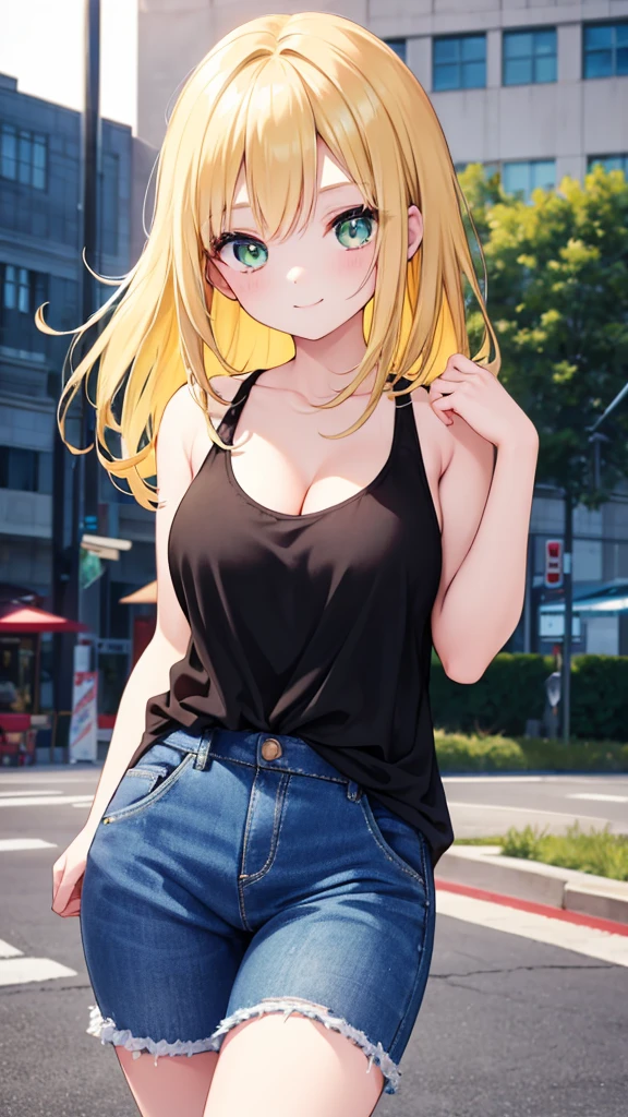 1girl, yellow hair, green eyes, smiling, black tank top, blue jeans, medium breast, looking at vewers, flipped hair, masterpiece, 8k, 16, 32k, shiny skin, UHD, frekles on her skin, bootcut, cleavage, HDR, 4K, 8K, High quality, Ultra high quality, big forehead, standing, daytime, park, outdoors, long hair, white shose, Anime Style, upper body,