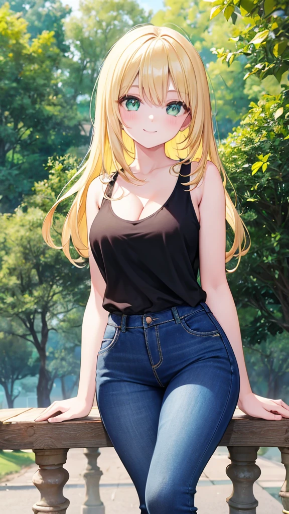 1girl, yellow hair, green eyes, smiling, black tank top, blue jeans, medium breast, looking at vewers, flipped hair, masterpiece, 8k, 16, 32k, shiny skin, UHD, frekles on her skin, bootcut, cleavage, HDR, 4K, 8K, High quality, Ultra high quality, big forehead, standing, daytime, park, outdoors, long hair, white shose, Anime Style, upper body,