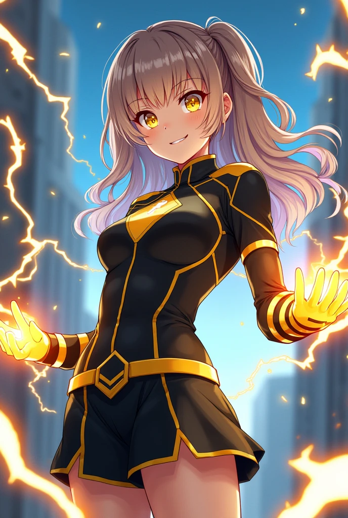 Girl with long light brown hair with the tips dyed ash blonde with bangs with a lock dyed ash blonde, bright honey eyes, parts, dressed in a short black heroine costume with yellow details and wearing fingerless gloves, yellow electricity rays coming out of the hands, My Hero Academia Capture, anime 