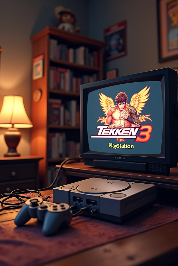 Create a nostalgic and detailed scene of a 90s living room. En el centro de la imagen, put a classic PlayStation 1 console connected to a CRT television. na tela da TV, display the iconic title screen of the game Tekken 3, showing an image of one of the game's popular characters, like Jin Kazama or Hwoarang. Next to the console, coloque um controle DualShock original do PS1.
The room should have typical period decor., with a shelf in the background containing game boxes in an organized arrangement and a Tekken 3 related action figure or poster to complement the theme. Lighting should be soft and warm, creating a retro and welcoming atmosphere reminiscent of the 90s