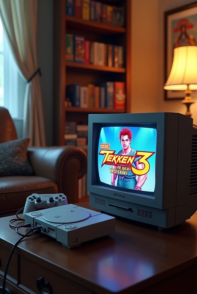 Create a nostalgic and detailed scene of a 90s living room. En el centro de la imagen, put a classic PlayStation 1 console connected to a CRT television. na tela da TV, display the iconic title screen of the game Tekken 3, showing an image of one of the game's popular characters, like Jin Kazama or Hwoarang. Next to the console, coloque um controle DualShock original do PS1.
The room should have typical period decor., with a shelf in the background containing game boxes in an organized arrangement and a Tekken 3 related action figure or poster to complement the theme. Lighting should be soft and warm, creating a retro and welcoming atmosphere reminiscent of the 90s