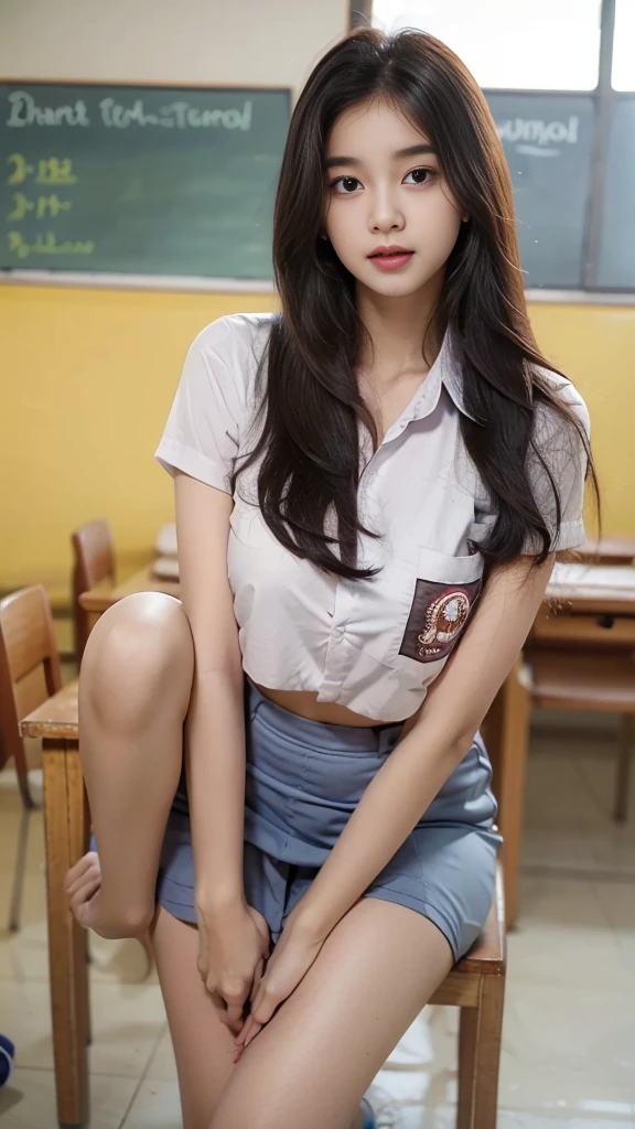 RAW, Best quality, high resolution, masterpiece: 1.3), Beautiful young indonesian girl, very longhair girl, length knee hair,seductive pose, showing breast, open legs showing vagina, sensual body, on a top of table of class room, ((senior high school clothes)), orgasm, highres, 4k, HDR, 1girl, photorealistic, realistic, big breasts, ((whole body)) turning away facial at viewer, closeup, class-room, misty,