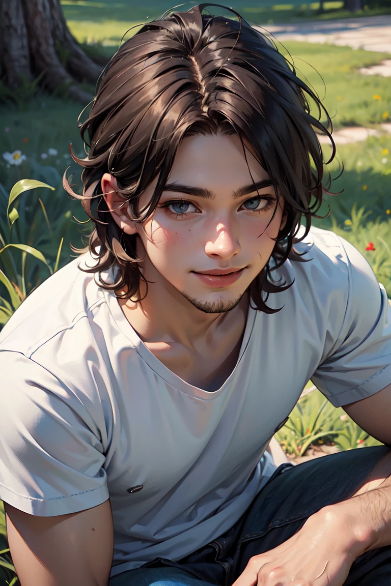 ((best quality, masterpiece, highly detailed)), ultra highres, (photorealistic:1.3), 1boy, detailed manly face, messy hair style, sitting on grass, Shirt, smiling