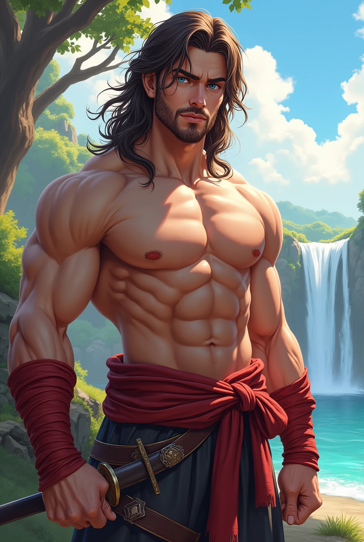 Realistic Digital Art Style -- Strong Man -- Young Adult 2 -- No Shirt -- Aura of Strength, charisma and confidence -- nice smile -- handsome face -- light blue eyes -- long wavy brown hair -- short beard -- black samurai pants -- red sash tied around the waist -- red bandages on the wrists -- hero pose and superiority -- katana on the waist -- background scenery is a beautiful plain with sun, Trees, waterfall and orange sky, extremely detaild, soft ambient lighting, 4K, perfects eyes, a perfect face, perfect lighting, the 1 girl)), context: The man is confident and smiling happily, light blue eye, he is a 28 year old young adult, strong and determined, is alone in this environment. detaileds: The sun is shining brightly, waves are gently lapping in the background, and birds are flying in the clear blue sky. ))