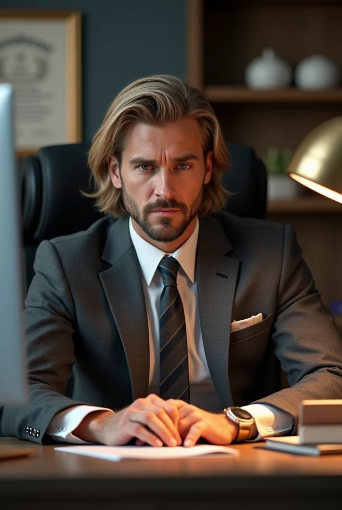 a 30 year old man with long blonde hair and chest hair, sitting at a desk in front of a computer looking at graphs, wearing a fine suit in the year 2024, photorealistic, 8k, high quality, detailed facial features, intense gaze, serious expression, warm lighting, office setting, realistic textures, intricate details