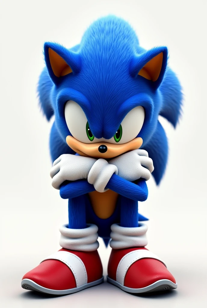 Sonic hugging own legs looking at the viewer with his shoes and gloves on front view