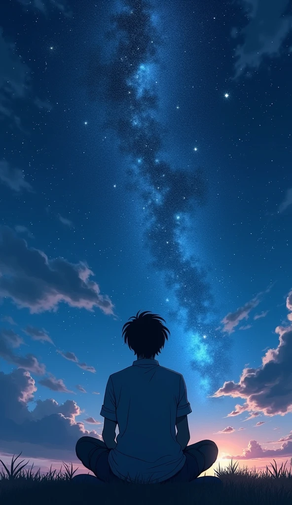 A young man with dark hair sitting with his back turned and looking at a super starry sky.