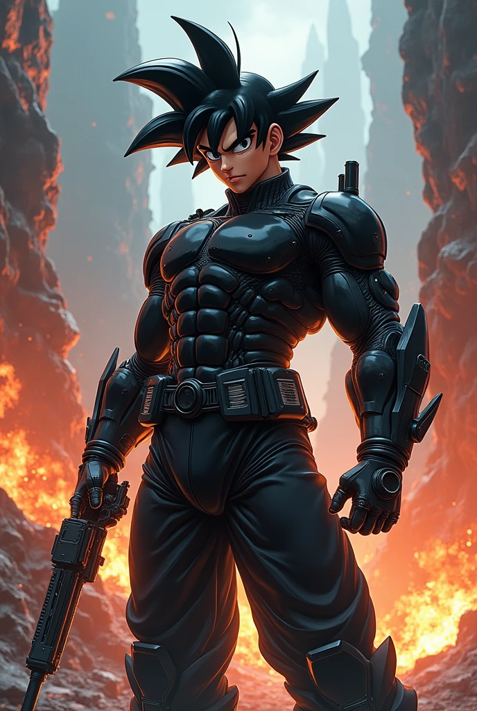 high quality 8k, ((ultra-realistic, highly detailed, photorealistic:1.4)), ((epic, cinematic, dramatic:1.3)), muscular male anime character, Goku in a black Metal Gear outfit, striking heroic pose, complex background with blasting island, intricate details, ultra-detailed CG, best quality masterpiece, finest illustration, perfect shadows, explosive lighting, vibrant color palette, fusion of Goku and Metal Gear, inspired by Akira Toriyama, Yoji Shinkawa, Dave Rapoza