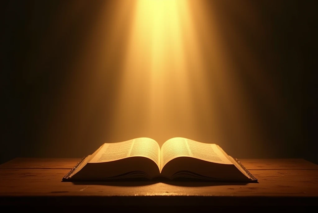  "An open Bible placed on a wooden table, with its pages slightly worn and text clearly visible. A warm, radiant light shines down from above, illuminating the pages and casting a soft glow around the Bible. The light has a golden hue, giving the scene a heavenly and divine atmosphere. The surroundings are dark, enhancing the contrast and making the Bible and the light the central focus of the image.