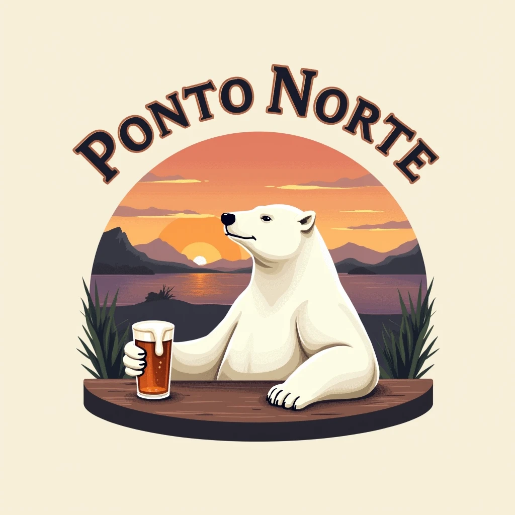 Create a 1x1 square logo for a restaurant called “Ponto Norte” The logo should have the name of the restaurant and a realistic white polar bear with a beer in his hand and the background a sunset in a restaurant