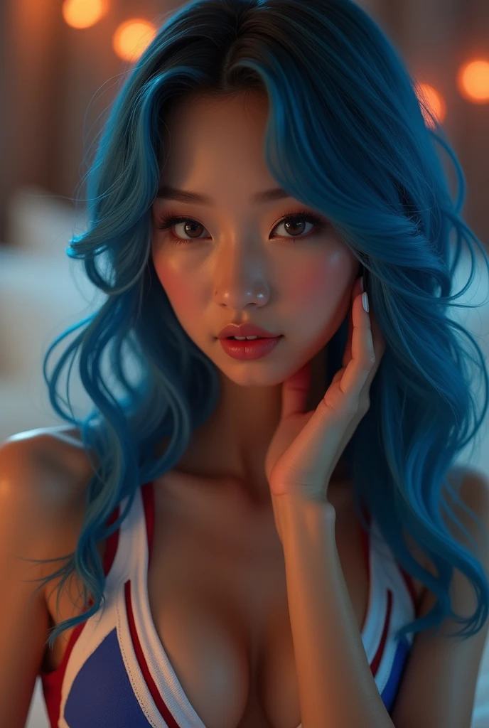 A Real sexy Young asian student cheerleader, with blue hair, having sex, high quality, photorealistic