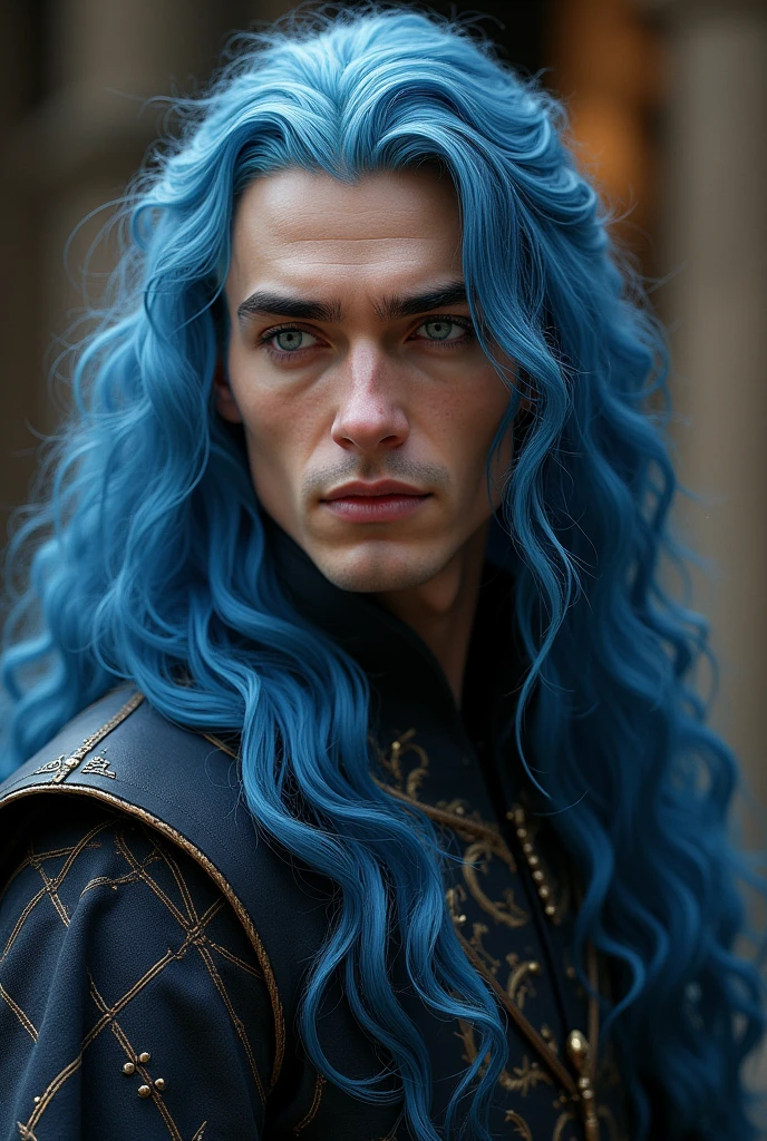 A handsome Aesthetic Targaryen Prince with long curly Blue hair and lilac eyes